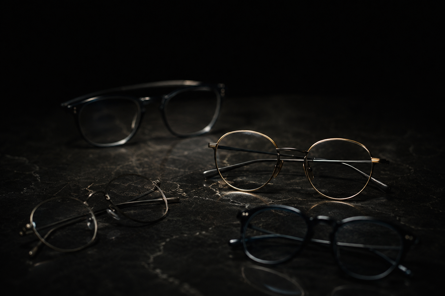 Still life: montature su pietra scura, luce zenitale