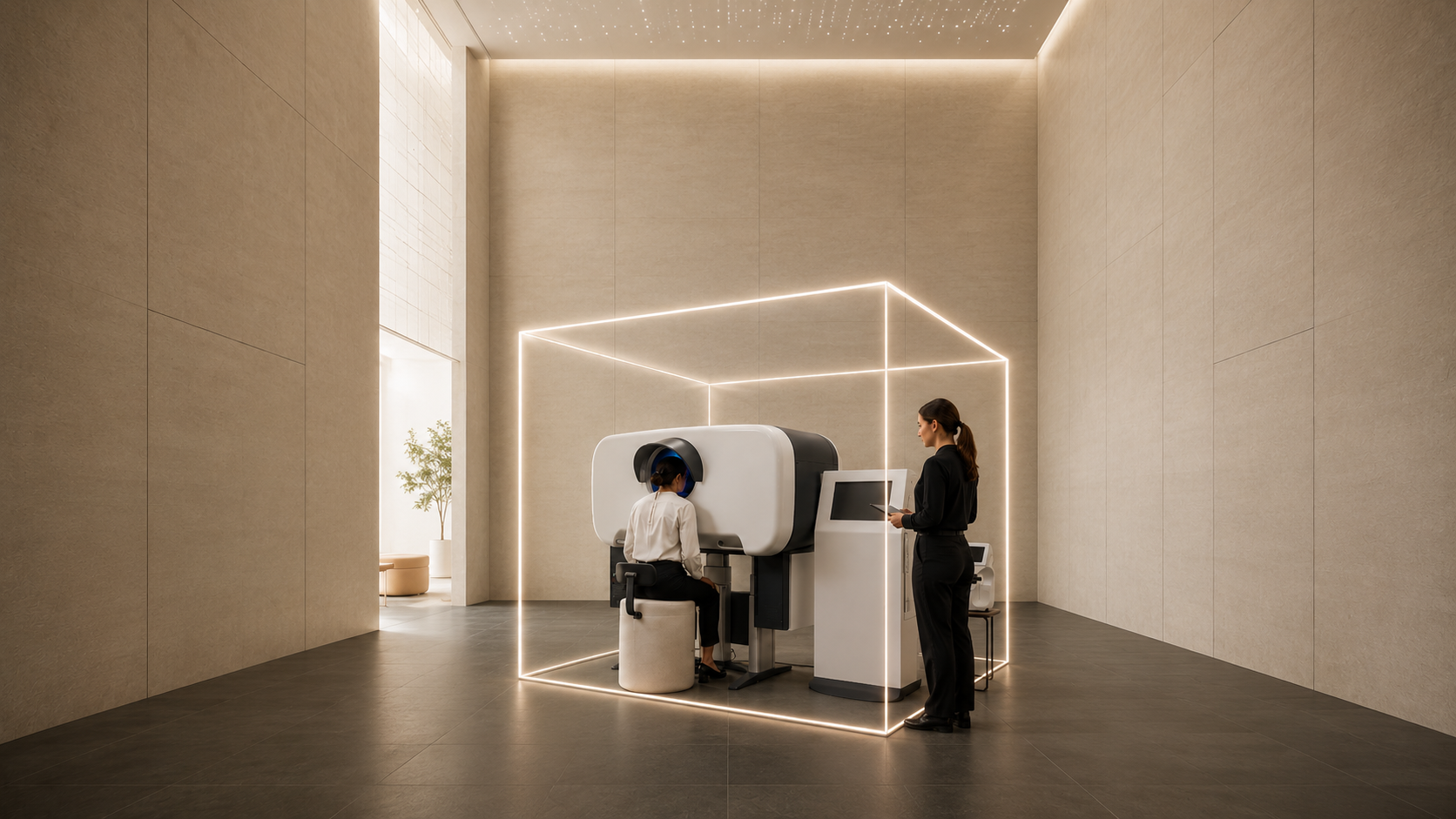La stazione diagnostica Eyelib in uno spazio EyeCube luminoso